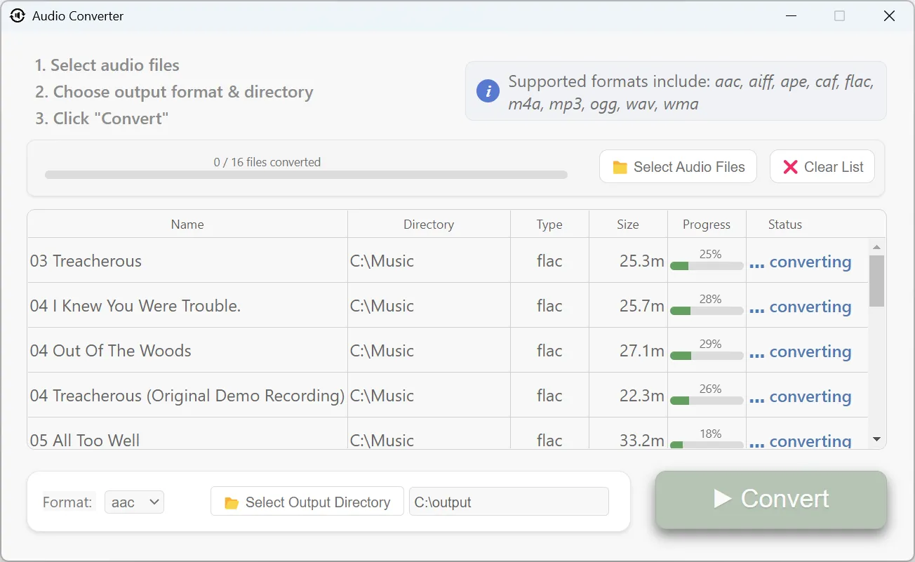 Audio files converting with real-time progress indicator